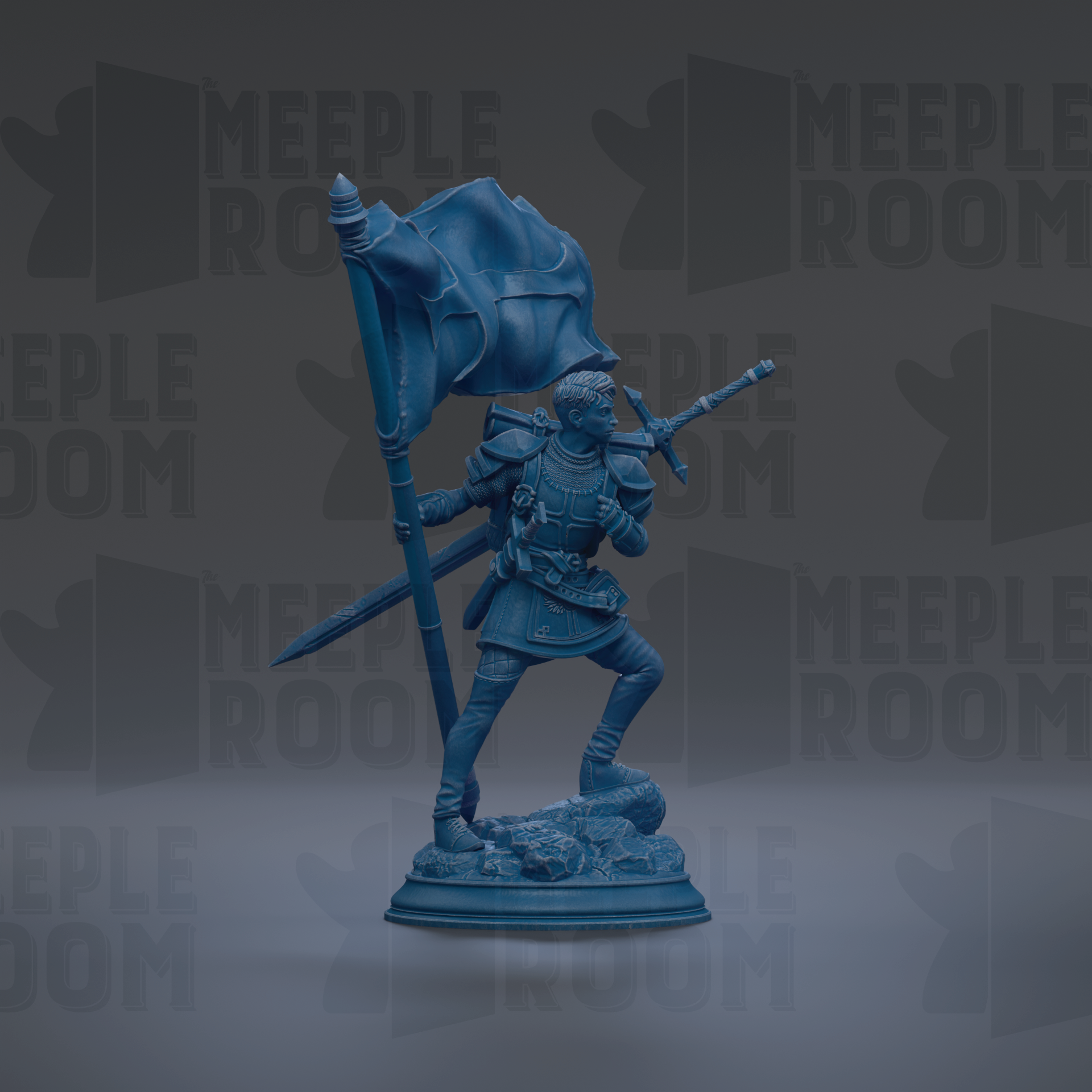 A blue statue of a knight holding a flag and sword, standing on a base.
