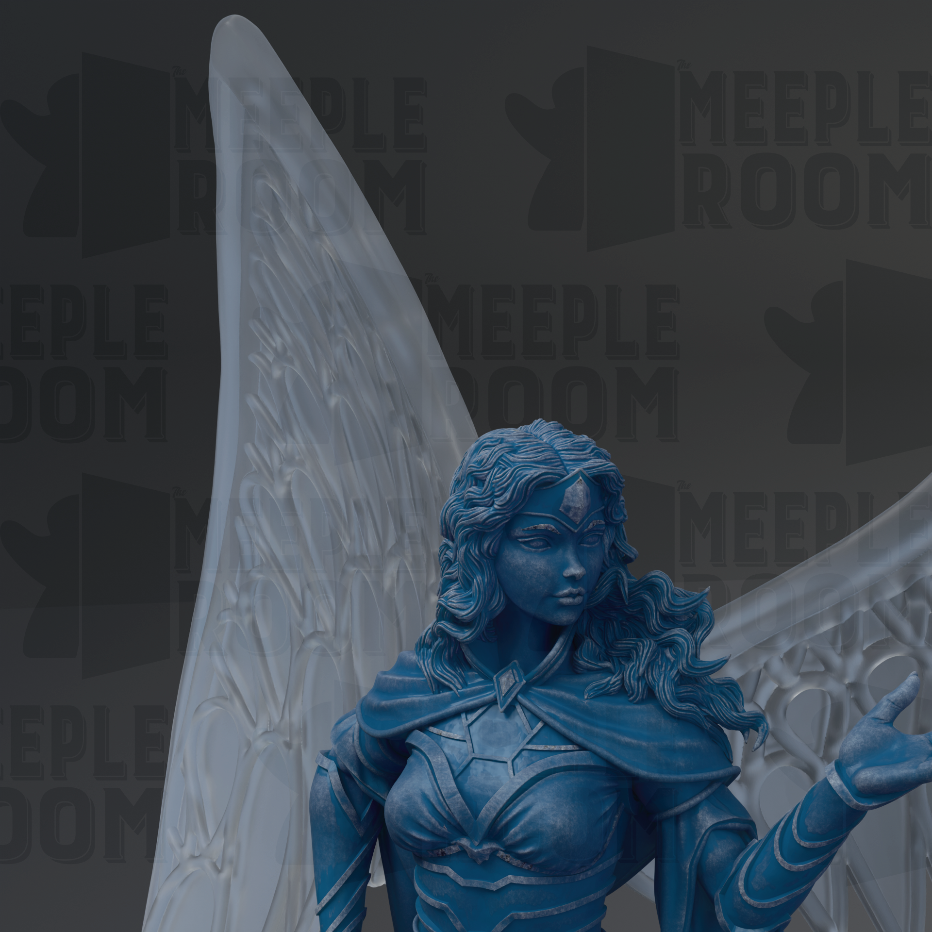 A blue statue of a woman with long hair and a flowing cape, standing in front of a large winged structure.