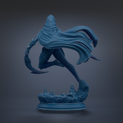 A 3D rendering of a figure in a flowing robe, holding a weapon, standing on a rocky base against a dark background.