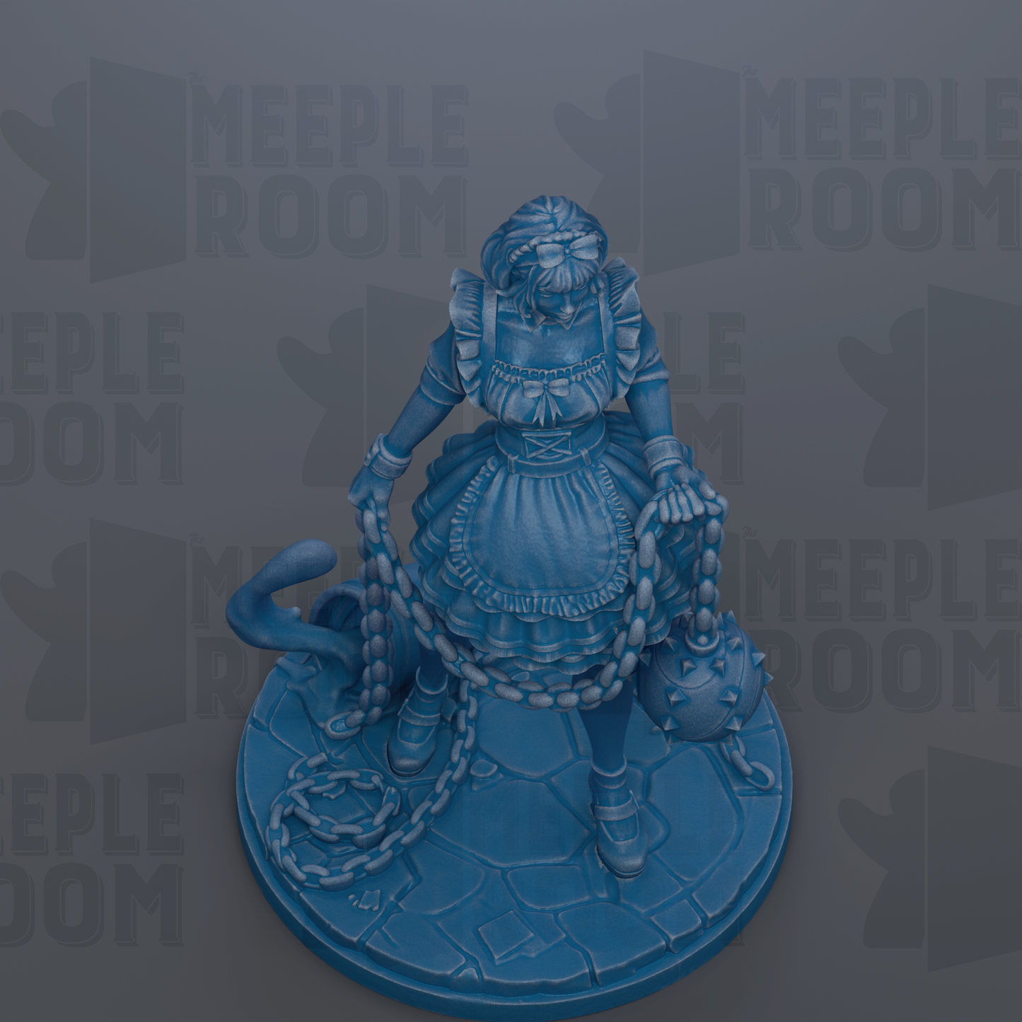 A blue statue of a woman with a chain around her neck and a corset, standing on a stone base.