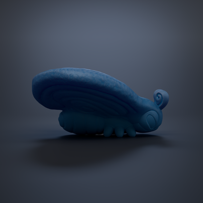 A blue, winged creature with a curled tail is depicted in the image.