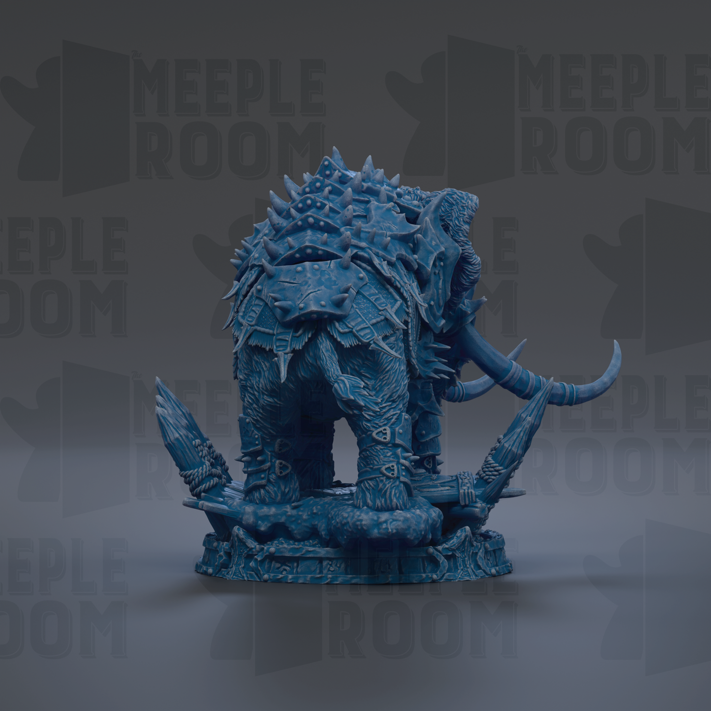 A detailed 3D model of a blue, armored creature resembling a dragon or mythical beast, with sharp teeth and spikes on its back.