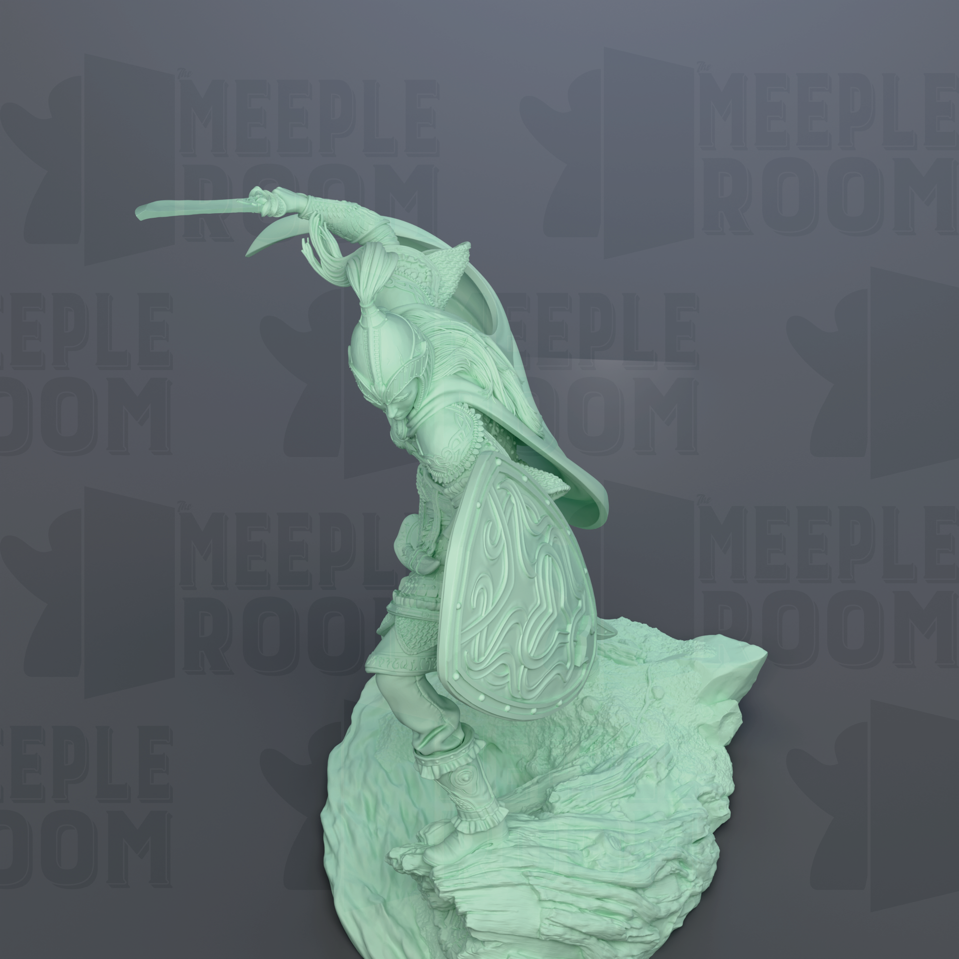 A green statue of a warrior figure holding a shield and sword, standing on a rocky outcrop against a dark background with repeated "MEIPLE ROOM" text.