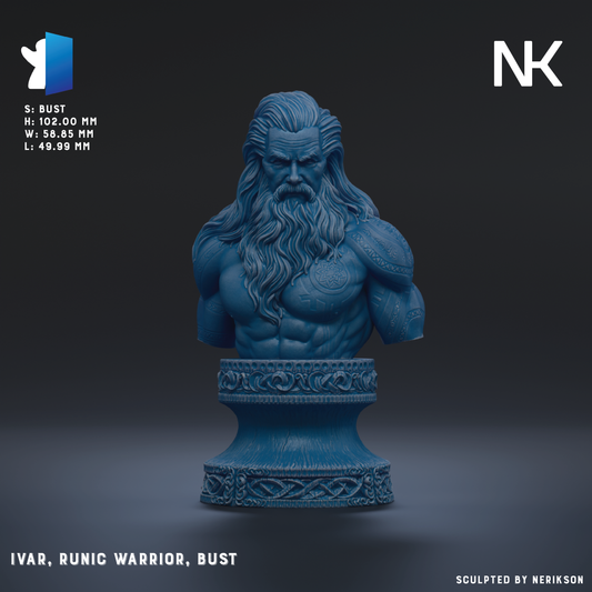 a bust of a muscular, bearded man with long hair, wearing a blue outfit and standing on a pedestal.