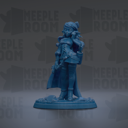 A blue figurine of a female character with a sword and a backpack, standing on a base.