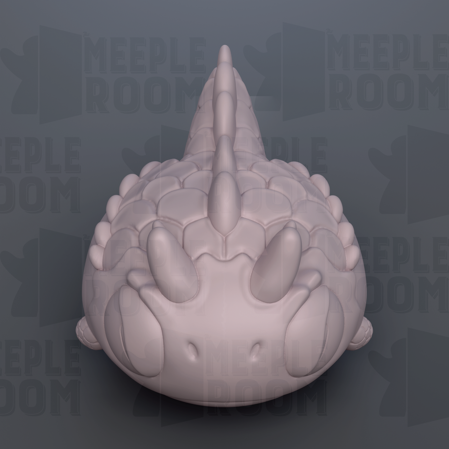 A 3D rendering of a stylized, abstract creature with a large head and multiple small features, such as eyes and spikes, against a dark background with repeated text.