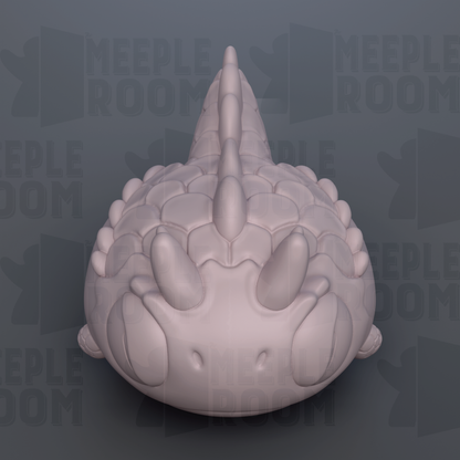 A 3D rendering of a stylized, abstract creature with a large head and multiple small features, such as eyes and spikes, against a dark background with repeated text.