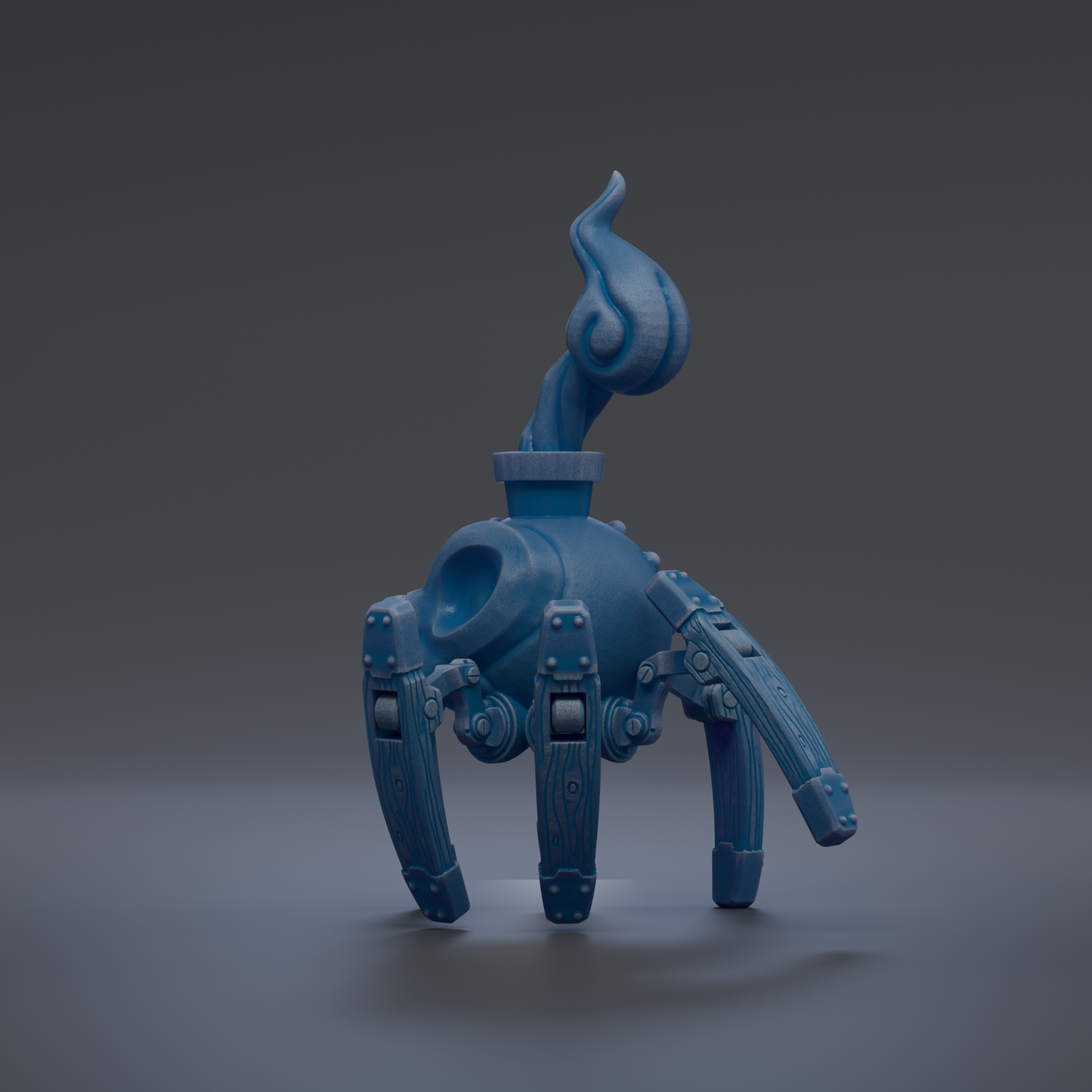 A blue, robotic-looking object with a flame-like shape on top, standing on a gray surface.