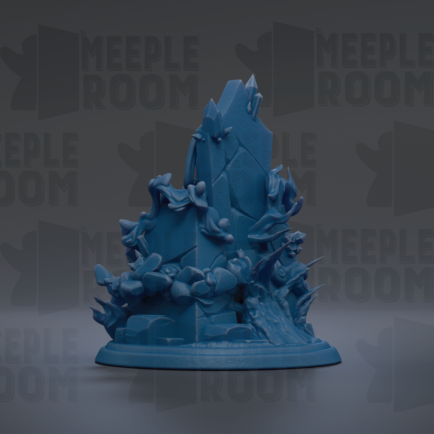 A 3D rendering of a blue, abstract sculpture with various shapes and textures, including a large triangular shape and smaller, organic forms.