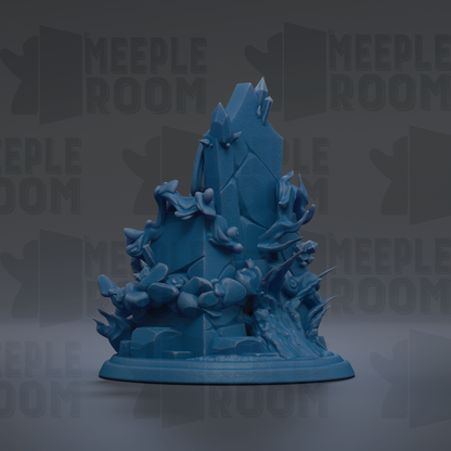 A 3D rendering of a blue, abstract sculpture with various shapes and textures, including a large triangular shape and smaller, organic forms.
