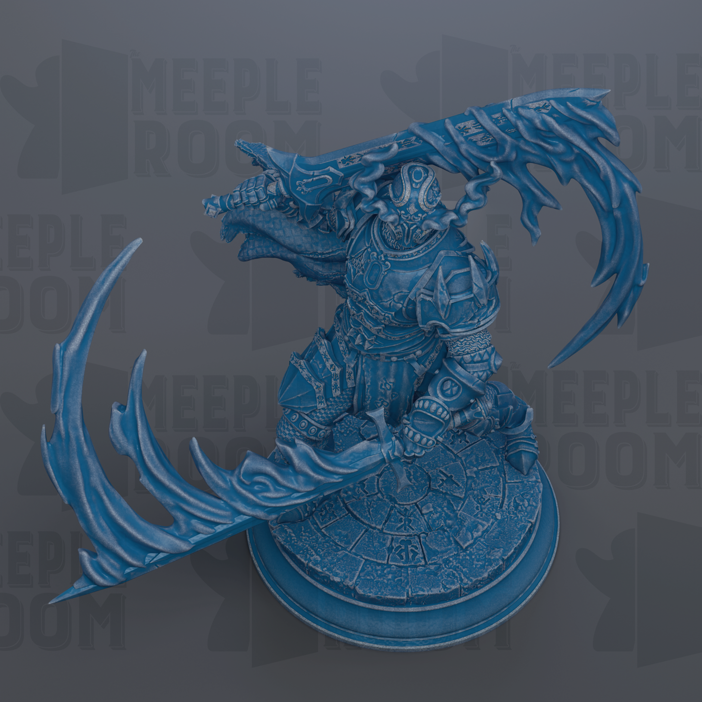 A blue, 3D-rendered fantasy character with intricate armor and a large sword, set against a dark background with repeated text.