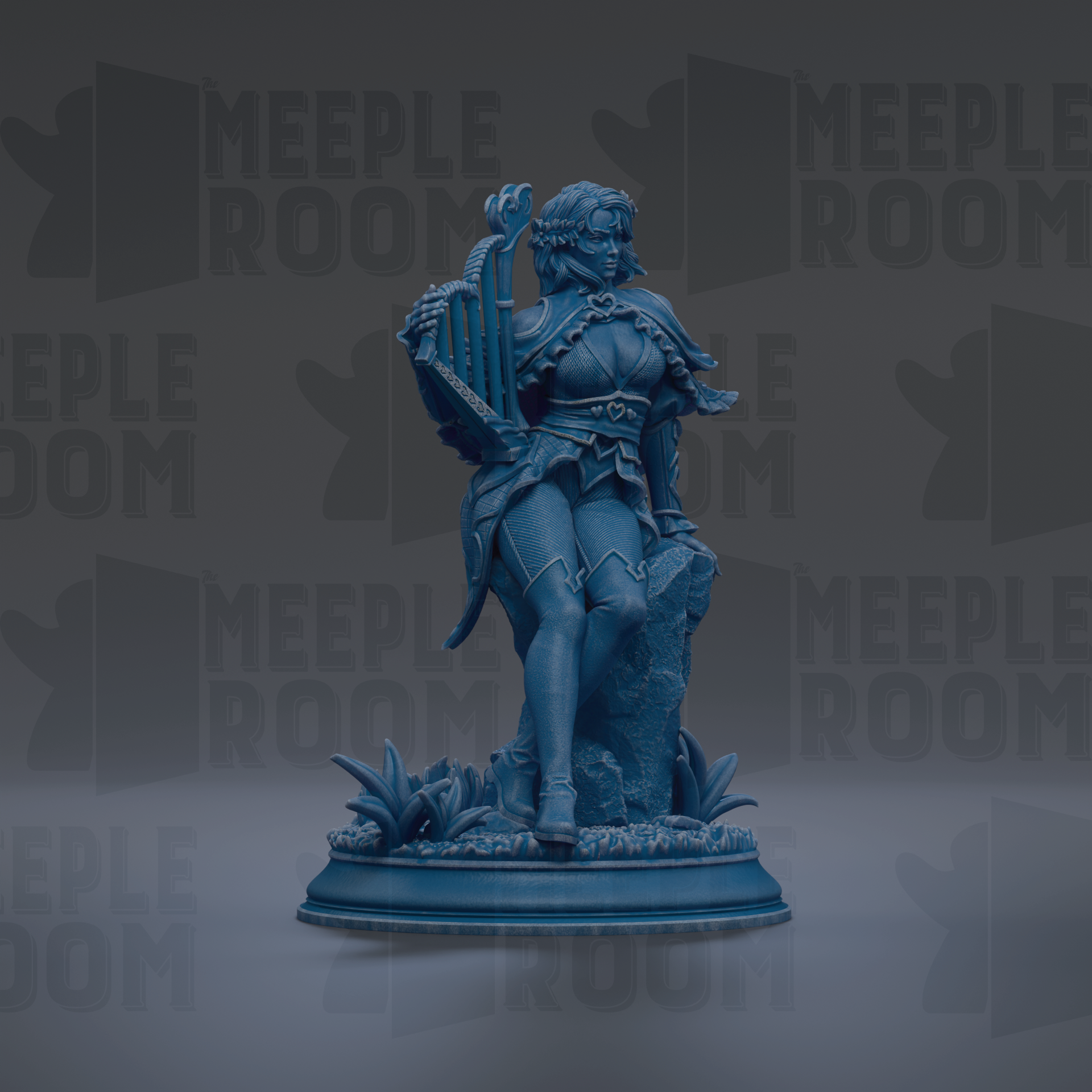 A blue statue of a woman holding a harp, standing on a pedestal with plants around her.