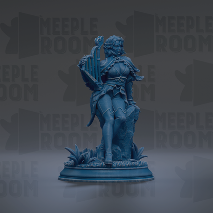 A blue statue of a woman holding a harp, standing on a pedestal with plants around her.