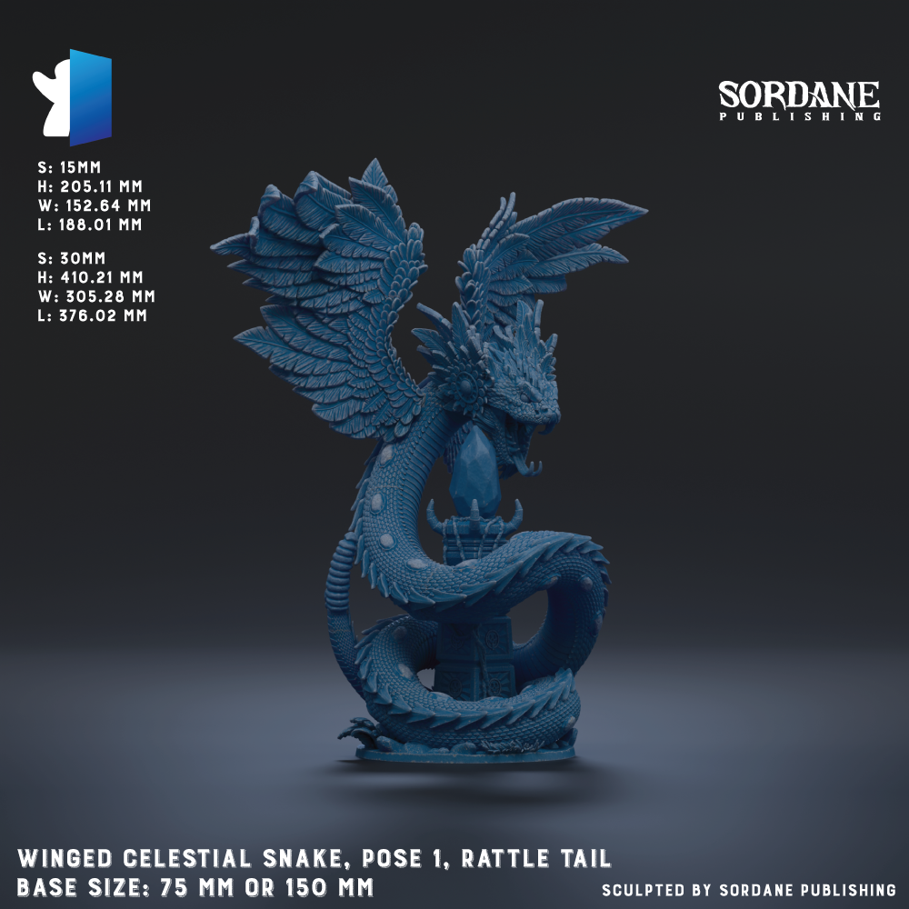 The image is a 3D rendering of a blue celestial snake, which is a type of mythical creature with the body of a snake and the head of a serpent. The snake is depicted in a pose with its wings spread wide, and it has a rattle tail. The image is described as a winged celestial snake, a pose 1, and a rattles tail. The base size of the snake is 75 mm or 150 mm. The image is published by Sordane Publishing.