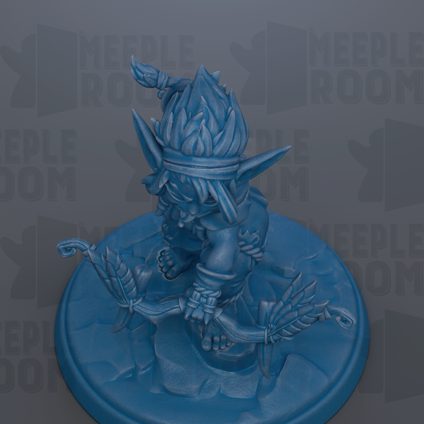 A blue figurine of a fantastical creature, possibly a mythical or magical being, sitting on a pedestal and holding a weapon.