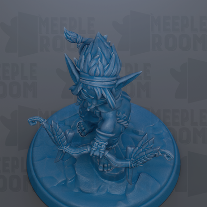 A blue figurine of a fantastical creature, possibly a mythical or magical being, sitting on a pedestal and holding a weapon.