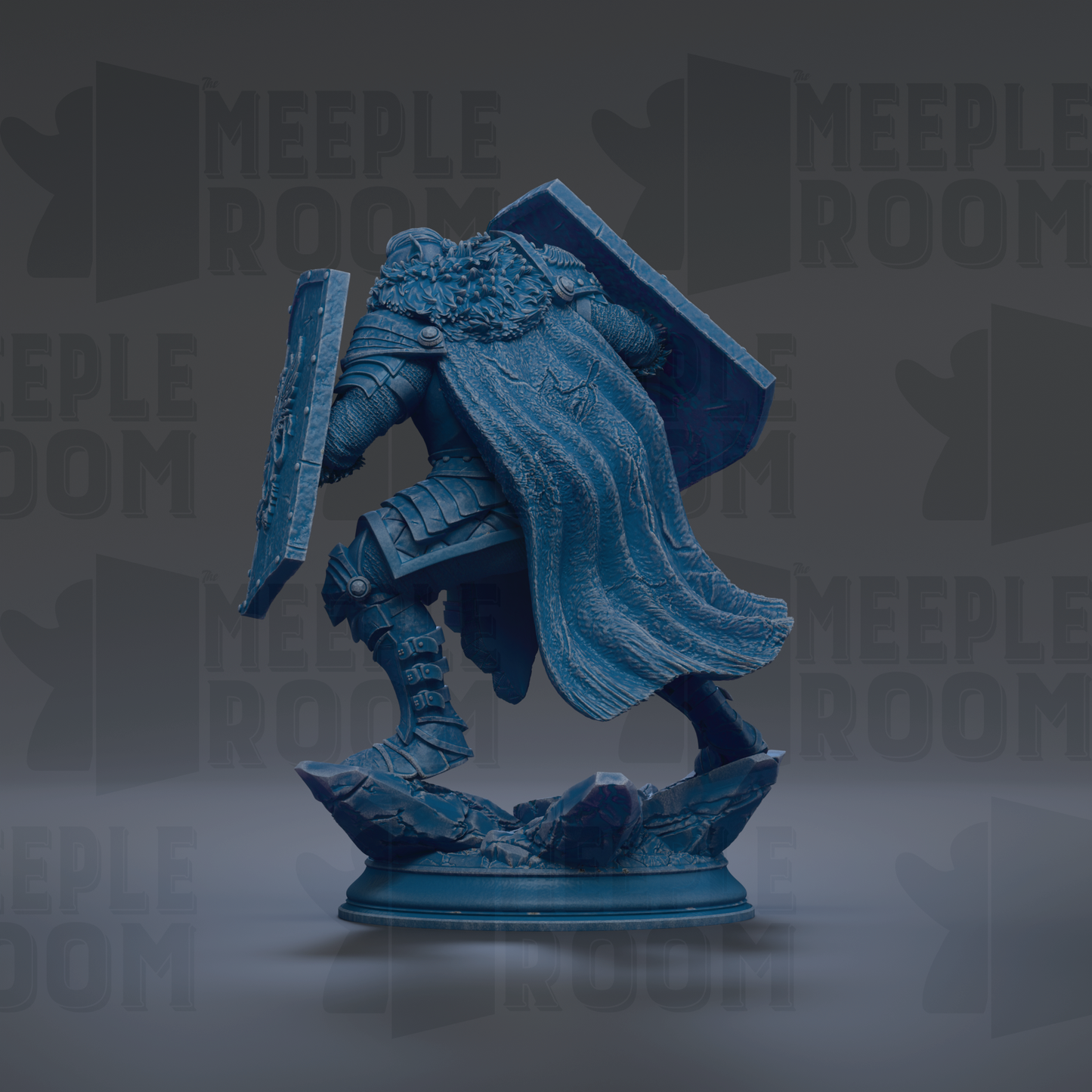 A blue statue of a warrior figure, wearing a cape and armor, standing on a base and holding a shield.