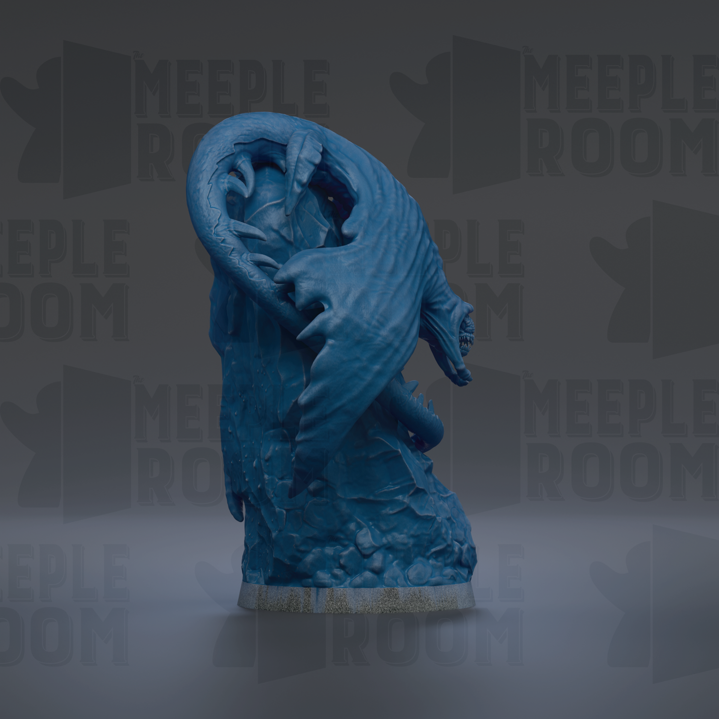 A blue dragon statue is displayed against a dark background with repeated text.