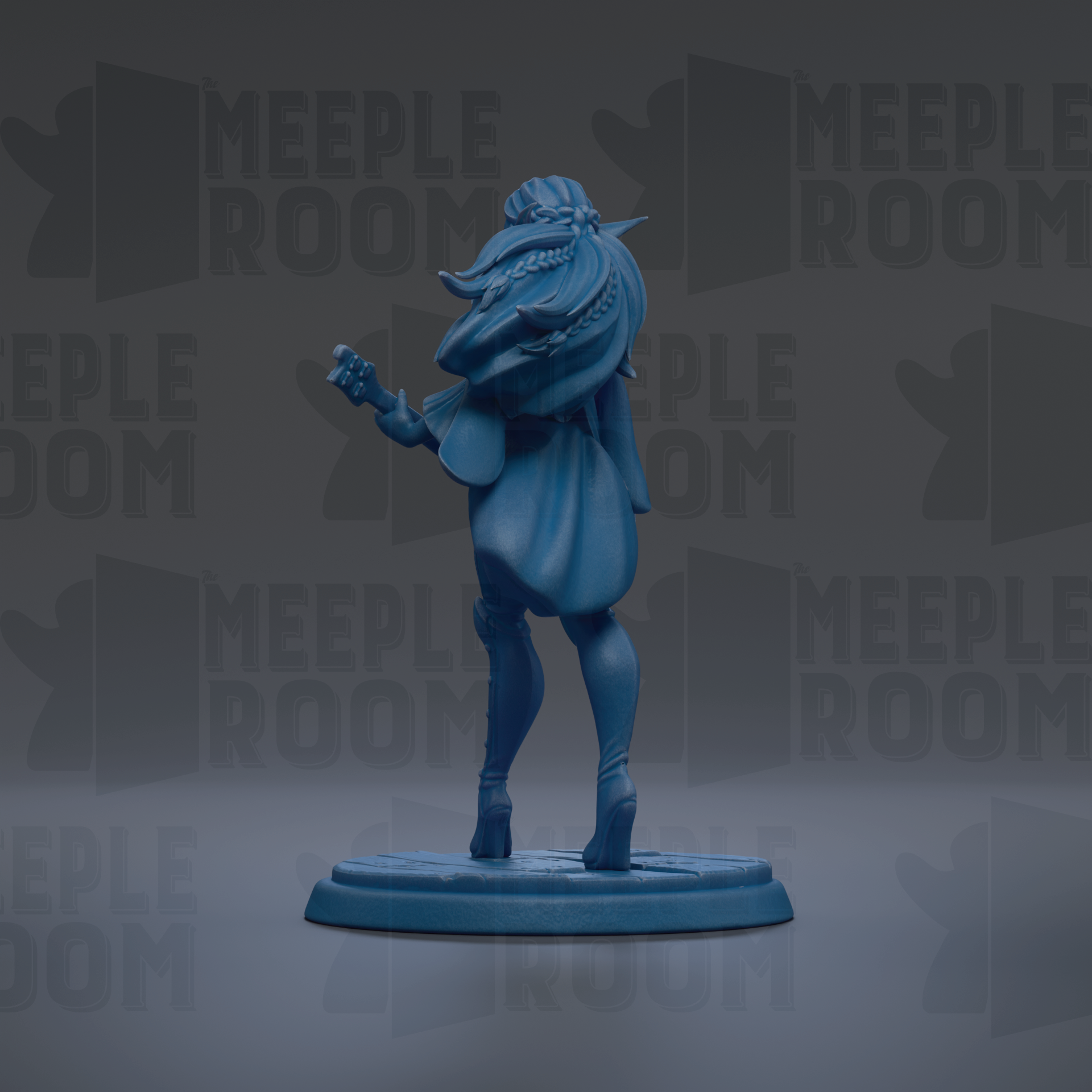 A blue figurine of a person playing a guitar is shown against a dark background with repeated text.