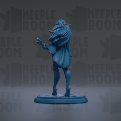 A blue figurine of a person playing a guitar is shown against a dark background with repeated text.