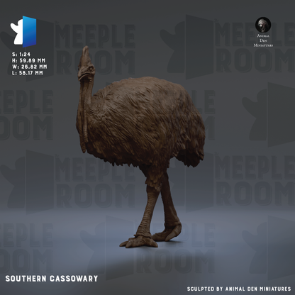 The image is a 3D model of an ostrich, specifically a Southern Cassowary, which is a type of ostrich. The model is shown in a standing position, with its head turned to the side. The background of the image is a dark gray color, and there are repeated instances of the word "MEEPLE" in the background.