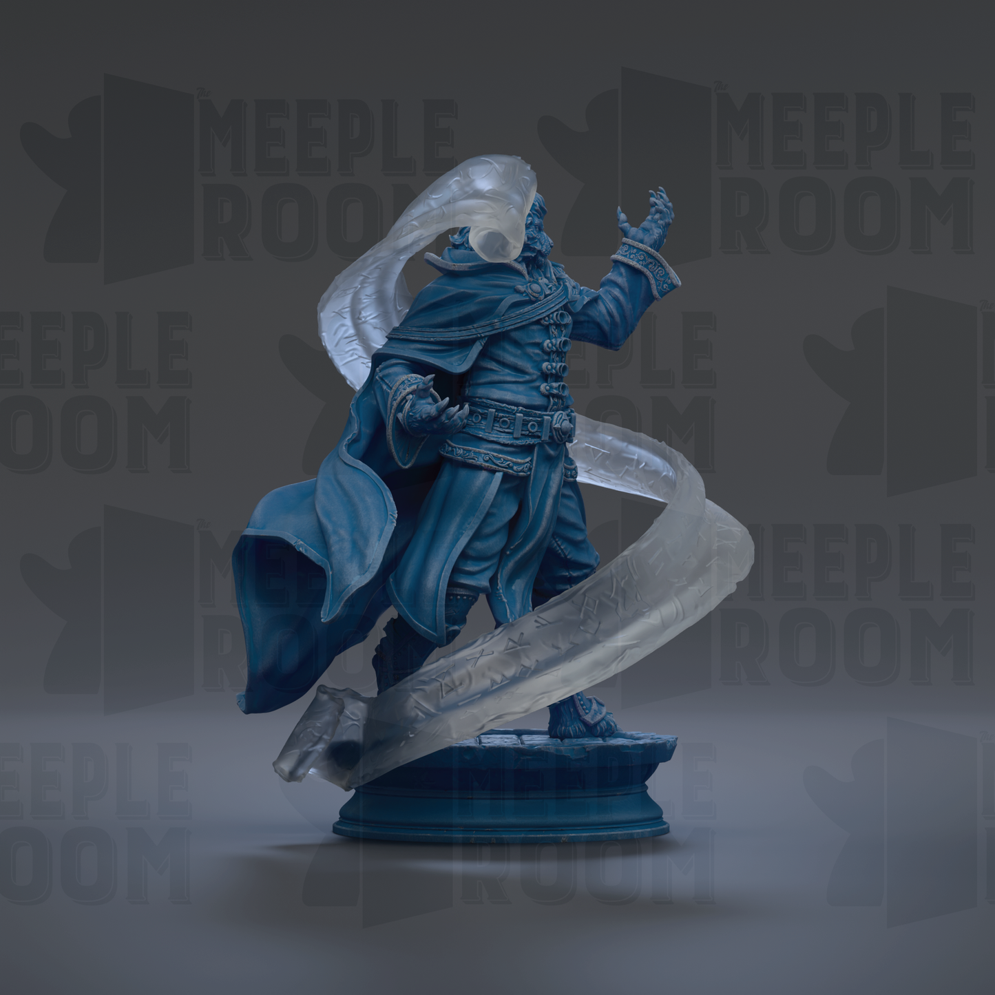 A blue statue of a figure with a flowing cape and holding a staff, standing on a pedestal against a dark background with repeated text.