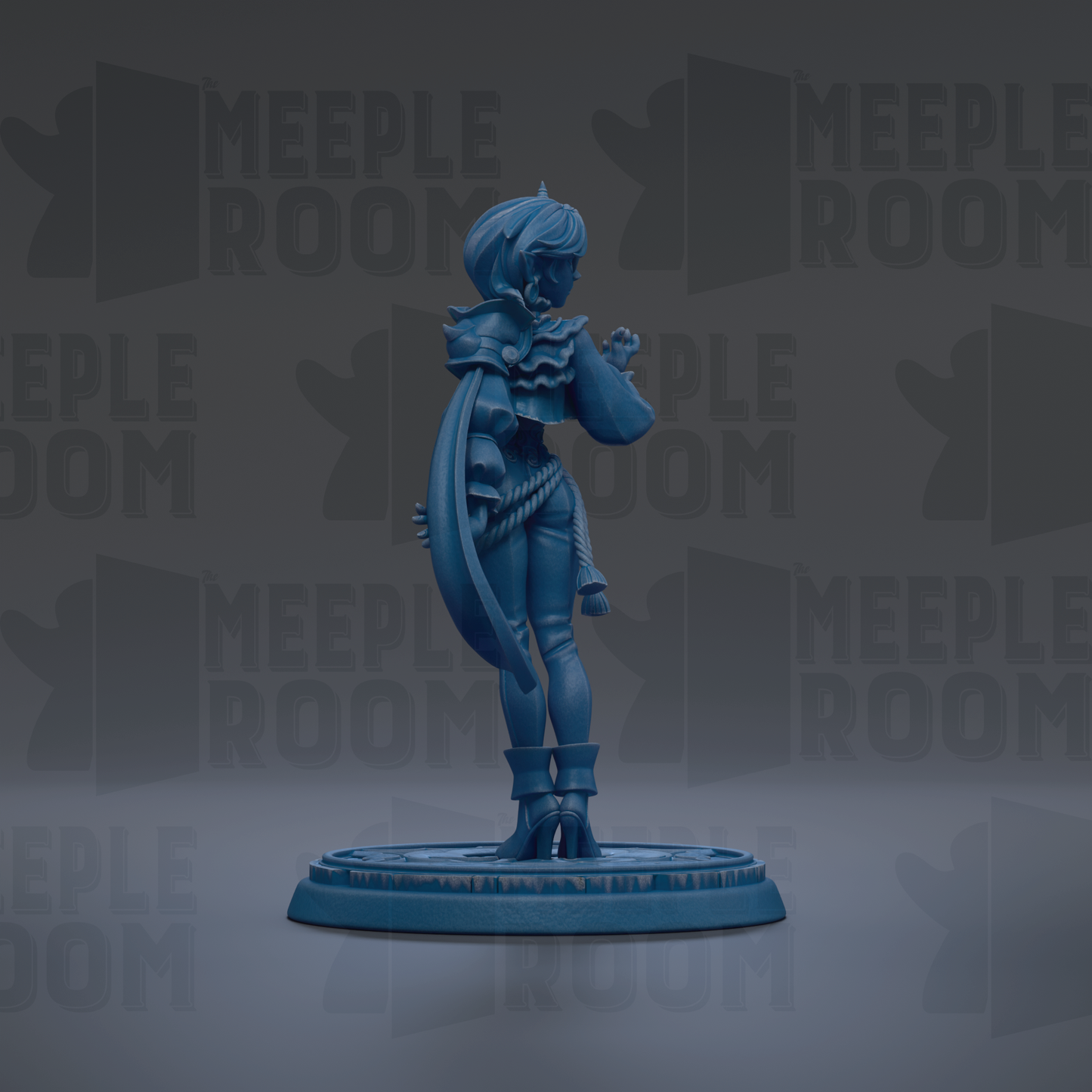A blue figurine of a female character with a long, flowing cape stands on a circular base against a dark background with repeated "MEIPLE ROOM" text.