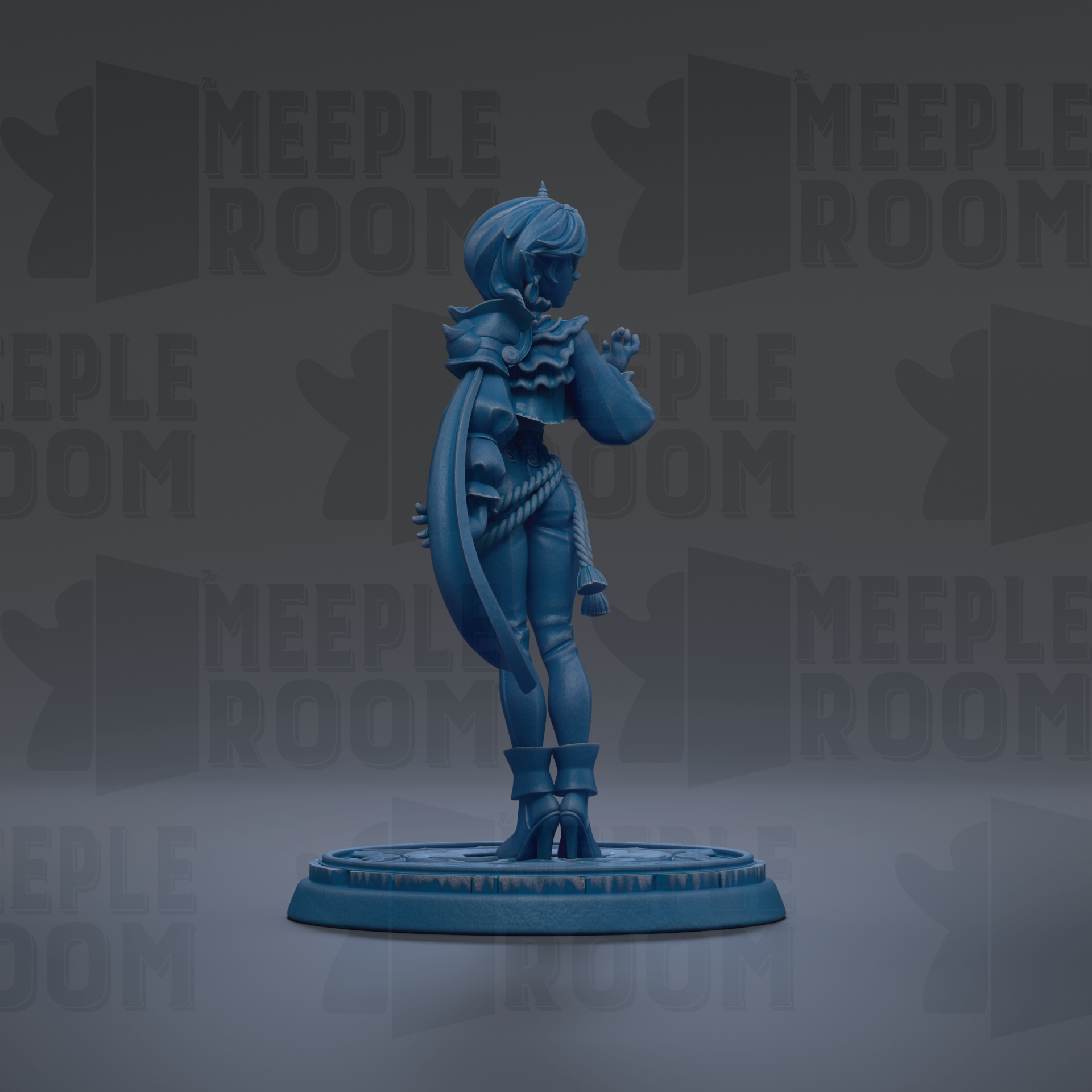 A blue figurine of a female character with a long, flowing cape stands on a circular base against a dark background with repeated "MEIPLE ROOM" text.