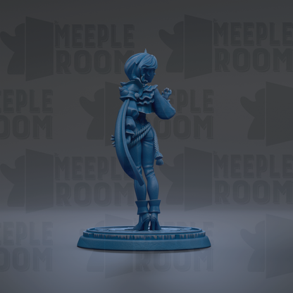 A blue figurine of a female character with a long, flowing cape stands on a circular base against a dark background with repeated "MEIPLE ROOM" text.