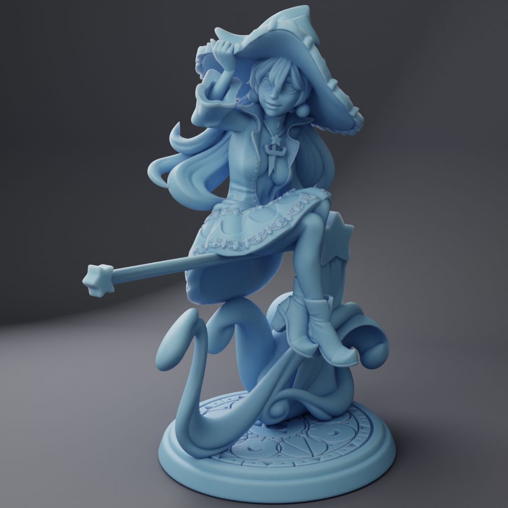 A 3D rendering of a whimsical, fantastical character with long hair, wearing a hat and holding a wand.