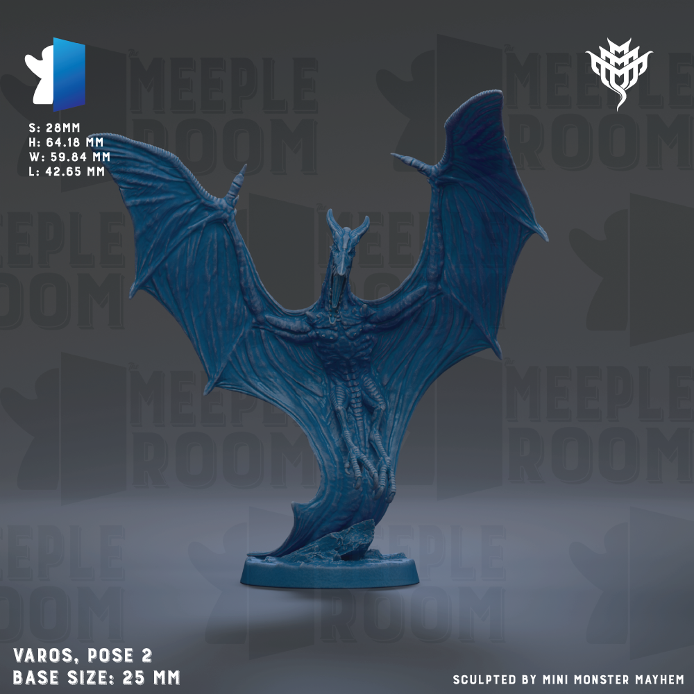 A blue figurine of a winged creature, possibly a dragon or mythical creature, posed on a base. The figurine is described as a "VAROS" and "POSE 2" and is "BASE SIZE: 25MM". The background of the image is a dark gray color with the text "MEIPLE ROOM" repeated multiple times.