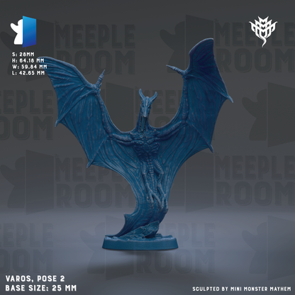 A blue figurine of a winged creature, possibly a dragon or mythical creature, posed on a base. The figurine is described as a "VAROS" and "POSE 2" and is "BASE SIZE: 25MM". The background of the image is a dark gray color with the text "MEIPLE ROOM" repeated multiple times.