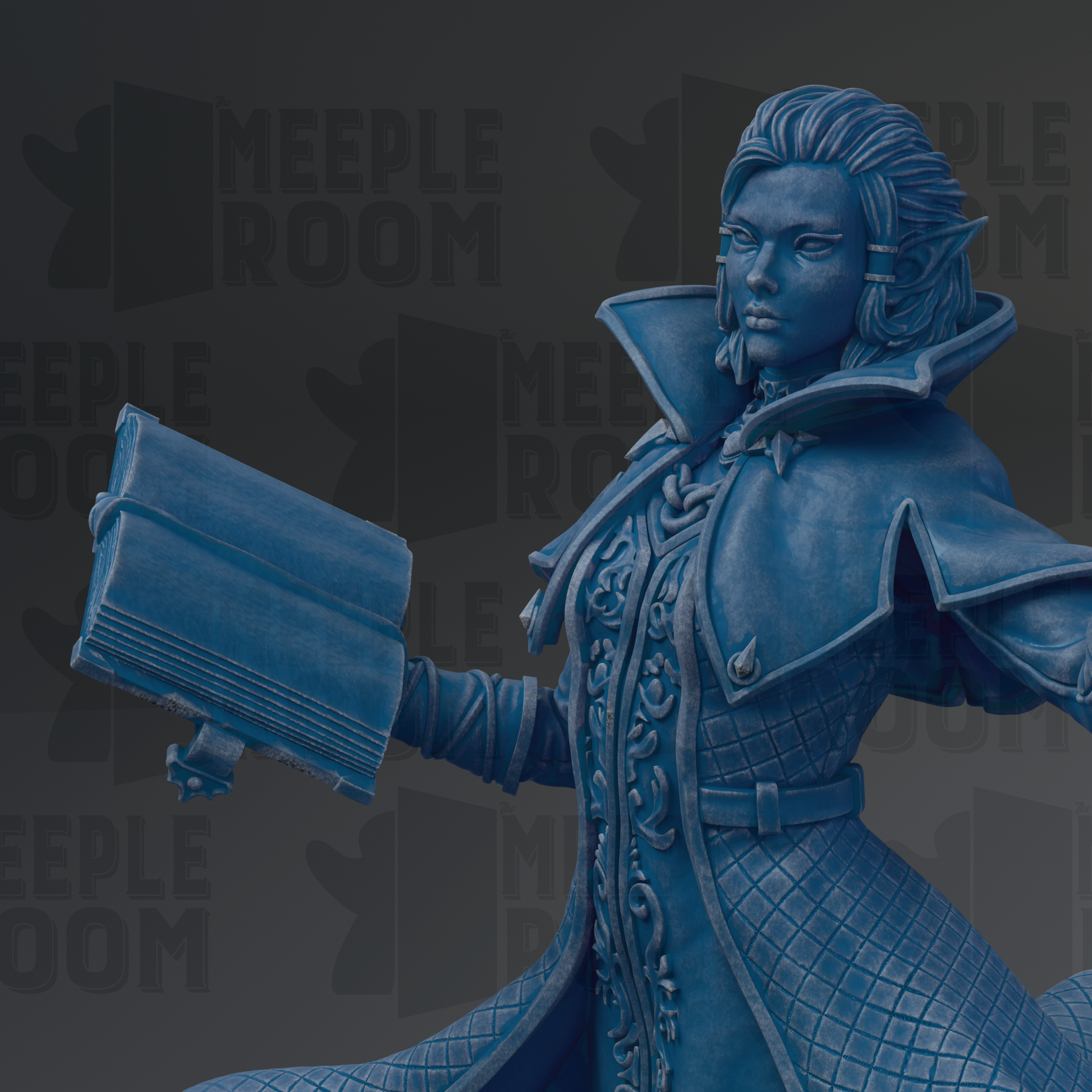A close-up of a blue statue of a woman holding a book, with the text "MEUPLE ROOM" visible in the background.