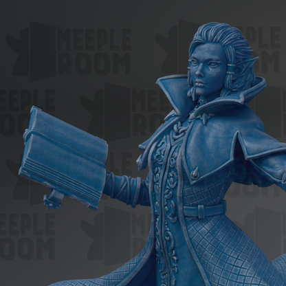 A close-up of a blue statue of a woman holding a book, with the text "MEUPLE ROOM" visible in the background.