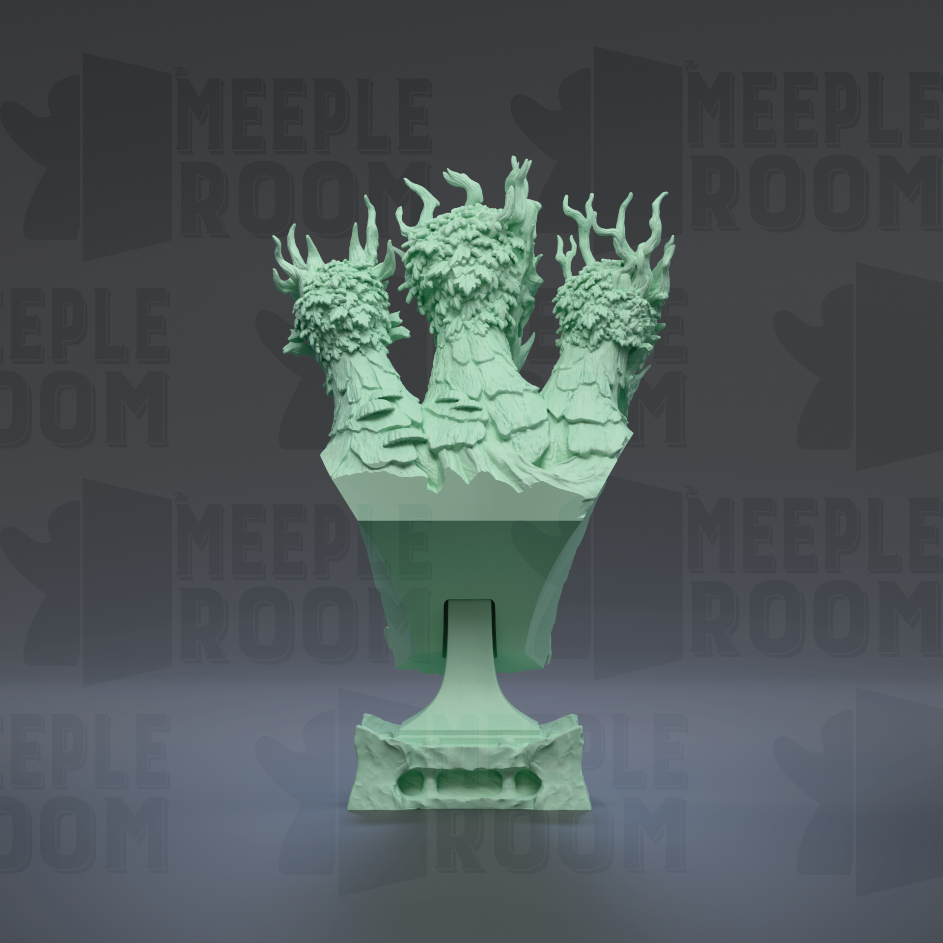 A green, sculpted statue of a tree with multiple branches and leaves, set against a dark background with repeated text.