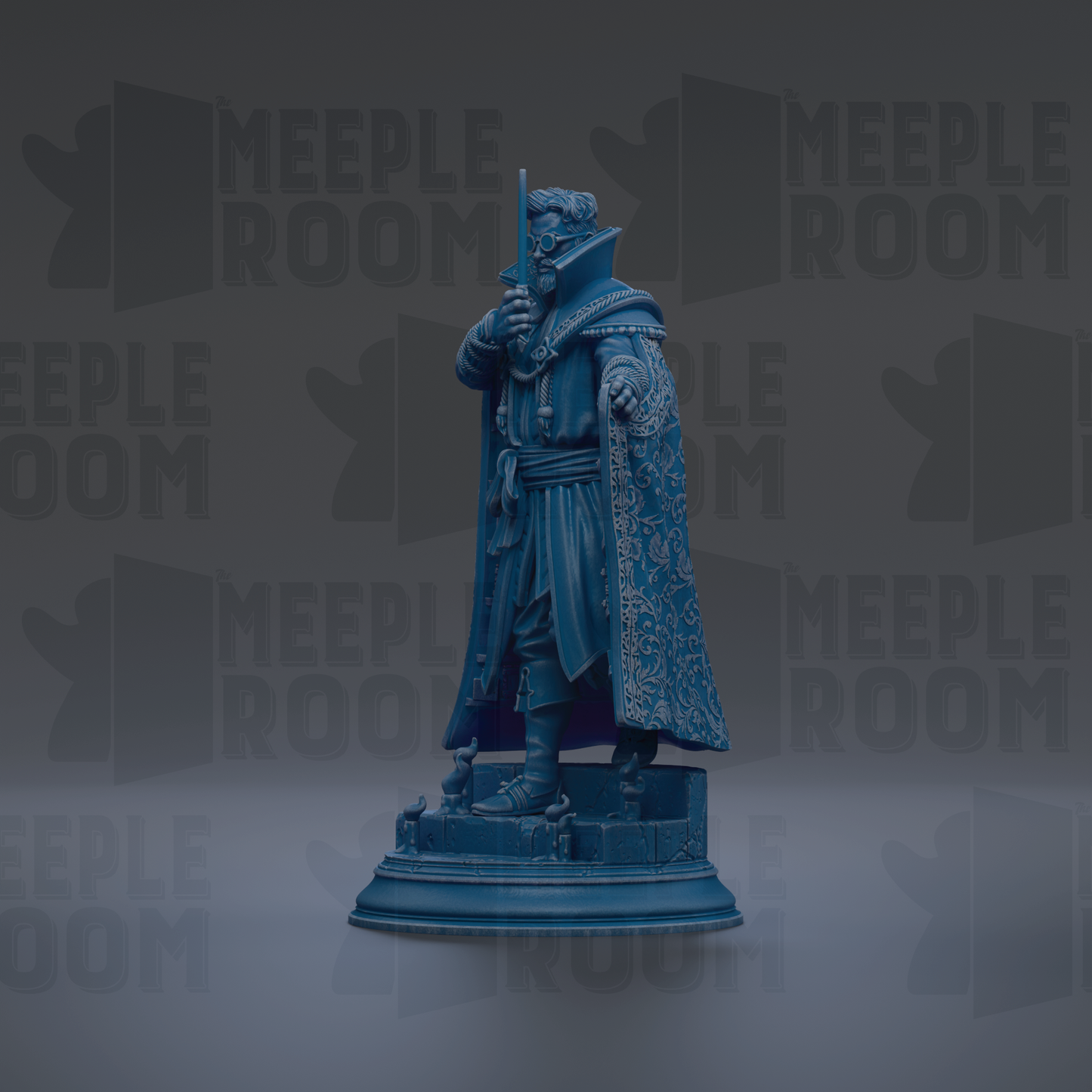 A statue of a man in a blue robe and holding a sword, standing on a pedestal.