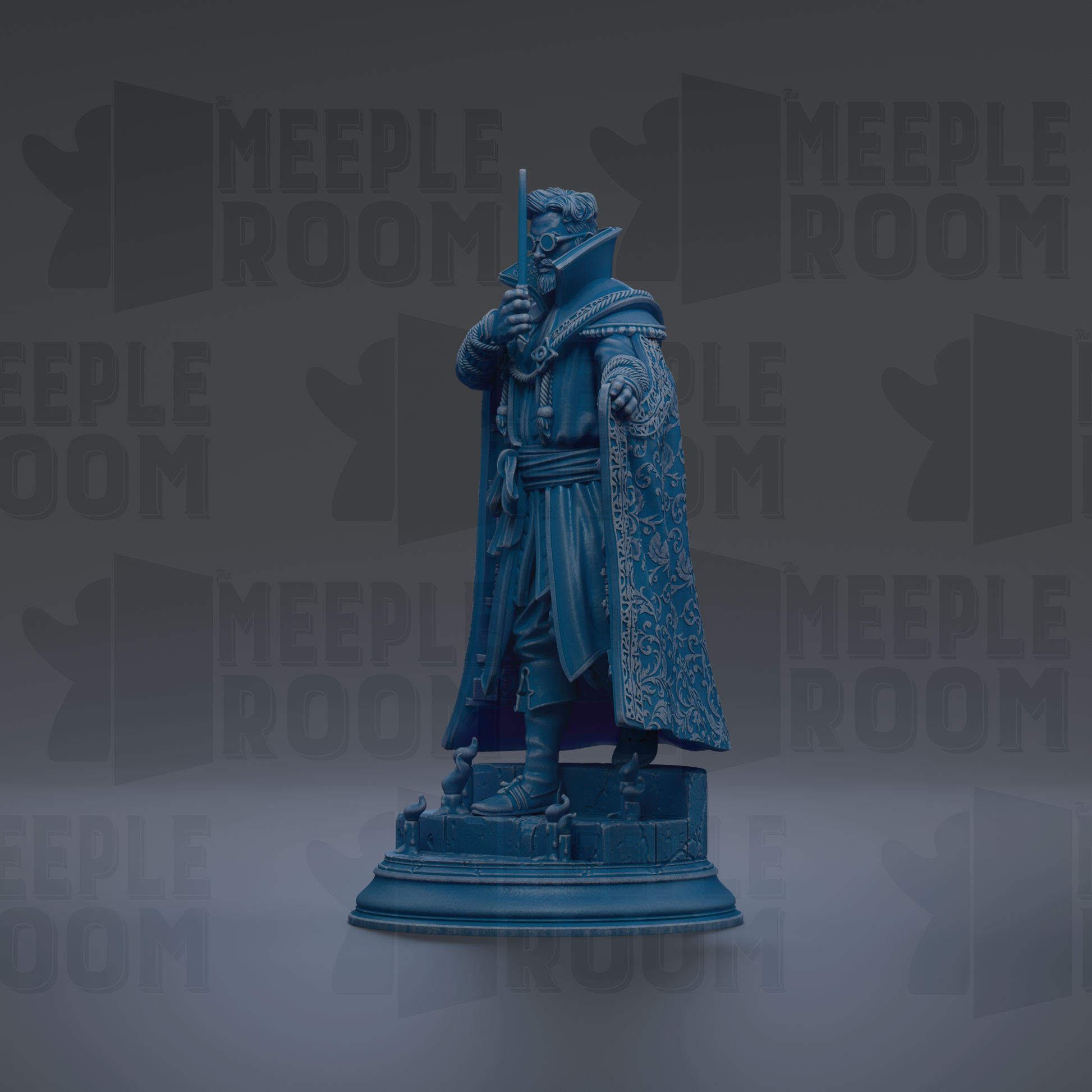 A statue of a man in a blue robe and holding a sword, standing on a pedestal.