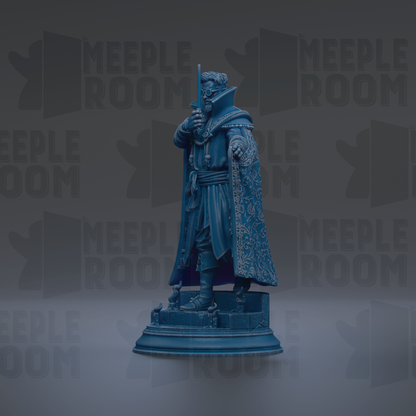A statue of a man in a blue robe and holding a sword, standing on a pedestal.