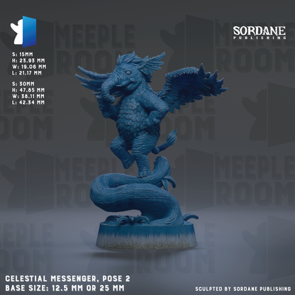 a detailed statue of a celestial messenger, with wings and a trunk, standing on a base. The statue is made of a blue material and is positioned in the center of the image. The background of the image is a dark gray color, which contrasts with the statue and makes it stand out. The statue appears to be a 3D model, as indicated by the text "S.15MM" and "H: 23.93 MM" visible in the image.