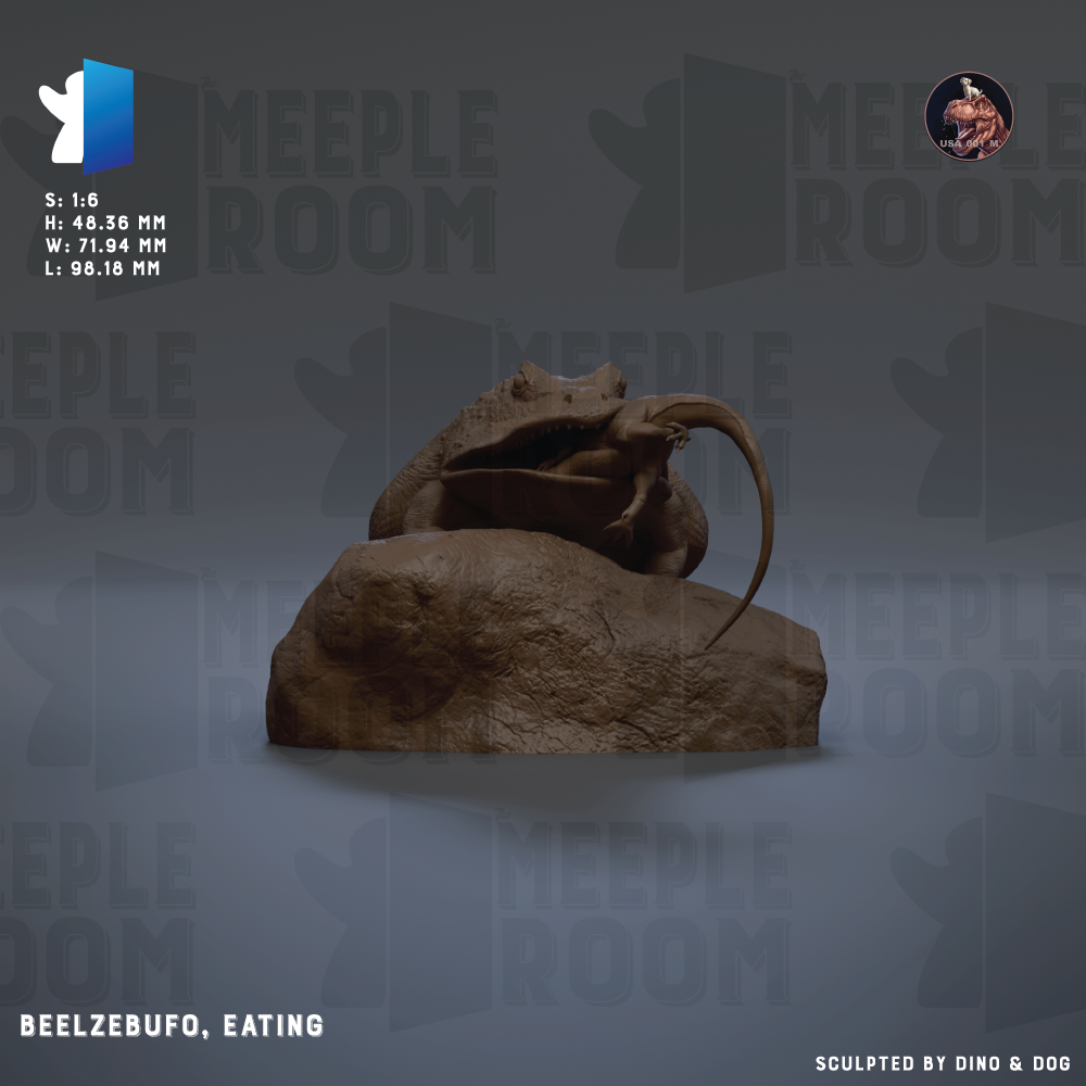 The image is a 3D rendering of a sculpture of a large, brown creature with a long, curved horn-like object on its head. The sculpture is set against a dark background with the text "MEELPOOM" repeated multiple times. The image also includes some text that reads "BEELZEBUFO, EATING" and "S: 1.6 H: 18.38 MM W: 7.5 MM L: 1.98 MM".