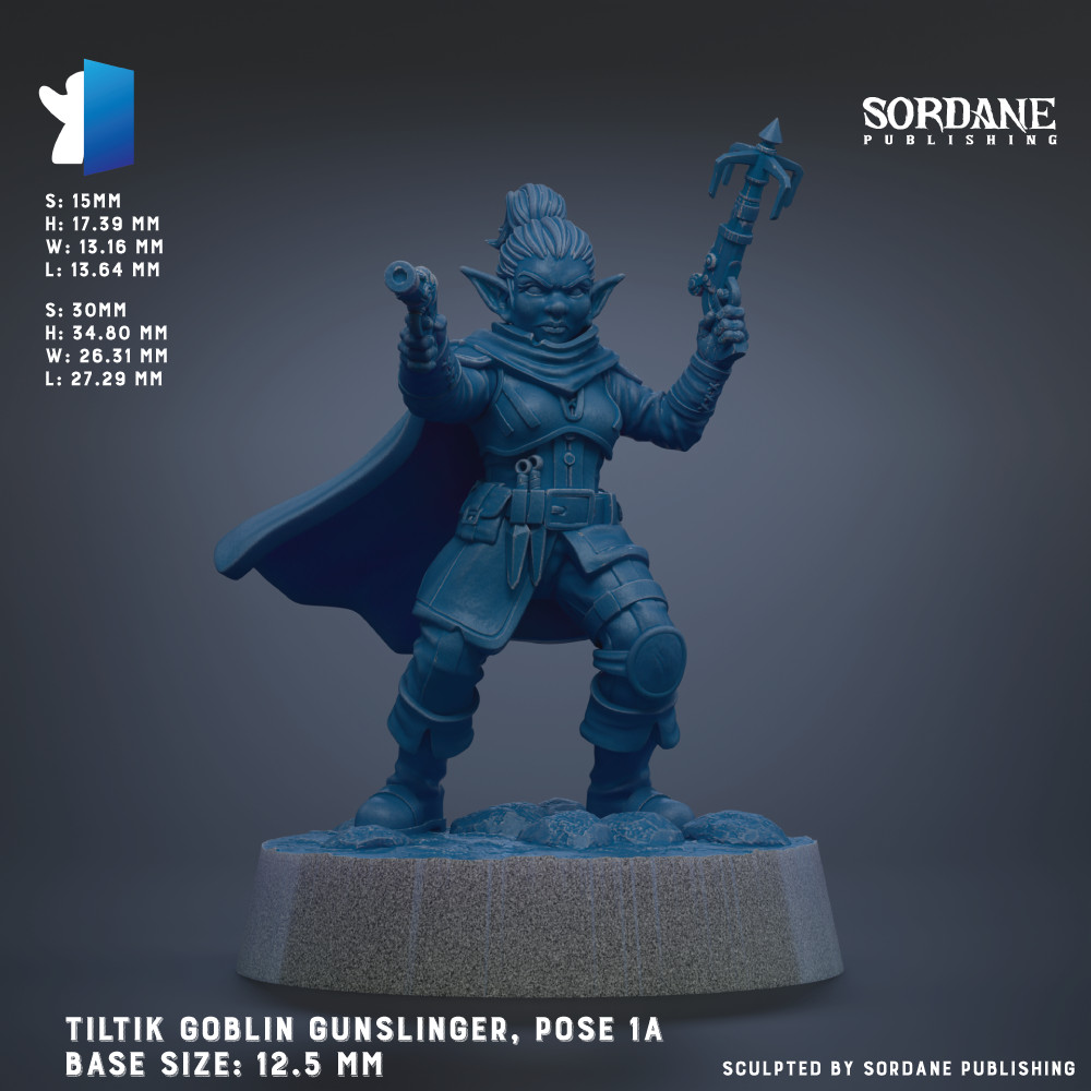 The image is a 3D rendering of a character in a blue outfit, holding a sword and shield, standing on a platform. The character appears to be a female figure, possibly a female warrior or elf. The image is labeled with the title "TILTIK GUNSLINGER, POSE 1A" and provides information about the character's base sizes and dimensions.