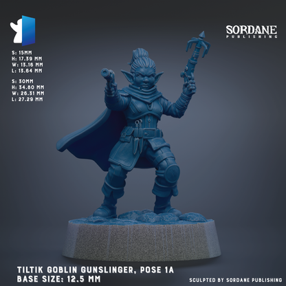 The image is a 3D rendering of a character in a blue outfit, holding a sword and shield, standing on a platform. The character appears to be a female figure, possibly a female warrior or elf. The image is labeled with the title "TILTIK GUNSLINGER, POSE 1A" and provides information about the character's base sizes and dimensions.