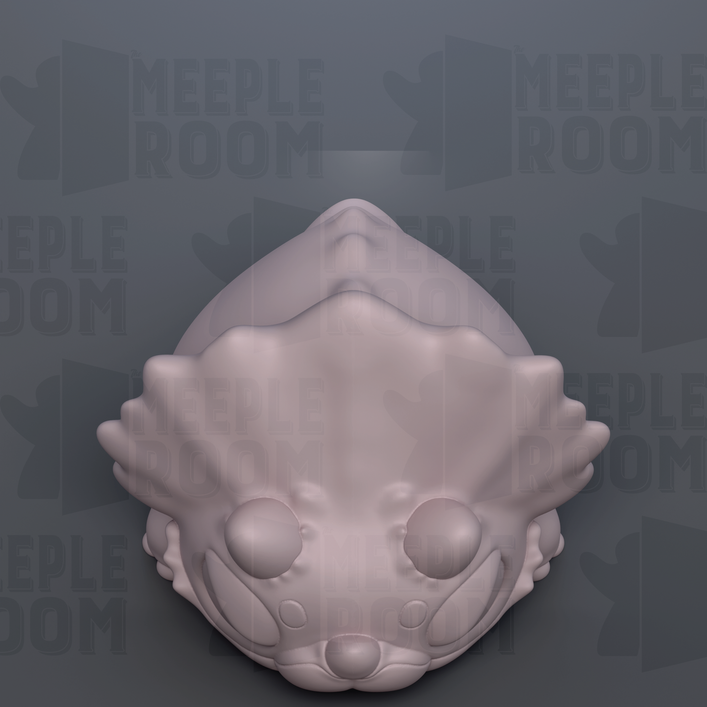 A 3D rendering of a stylized animal head, possibly a cat or a dog, against a dark background with repeated text.
