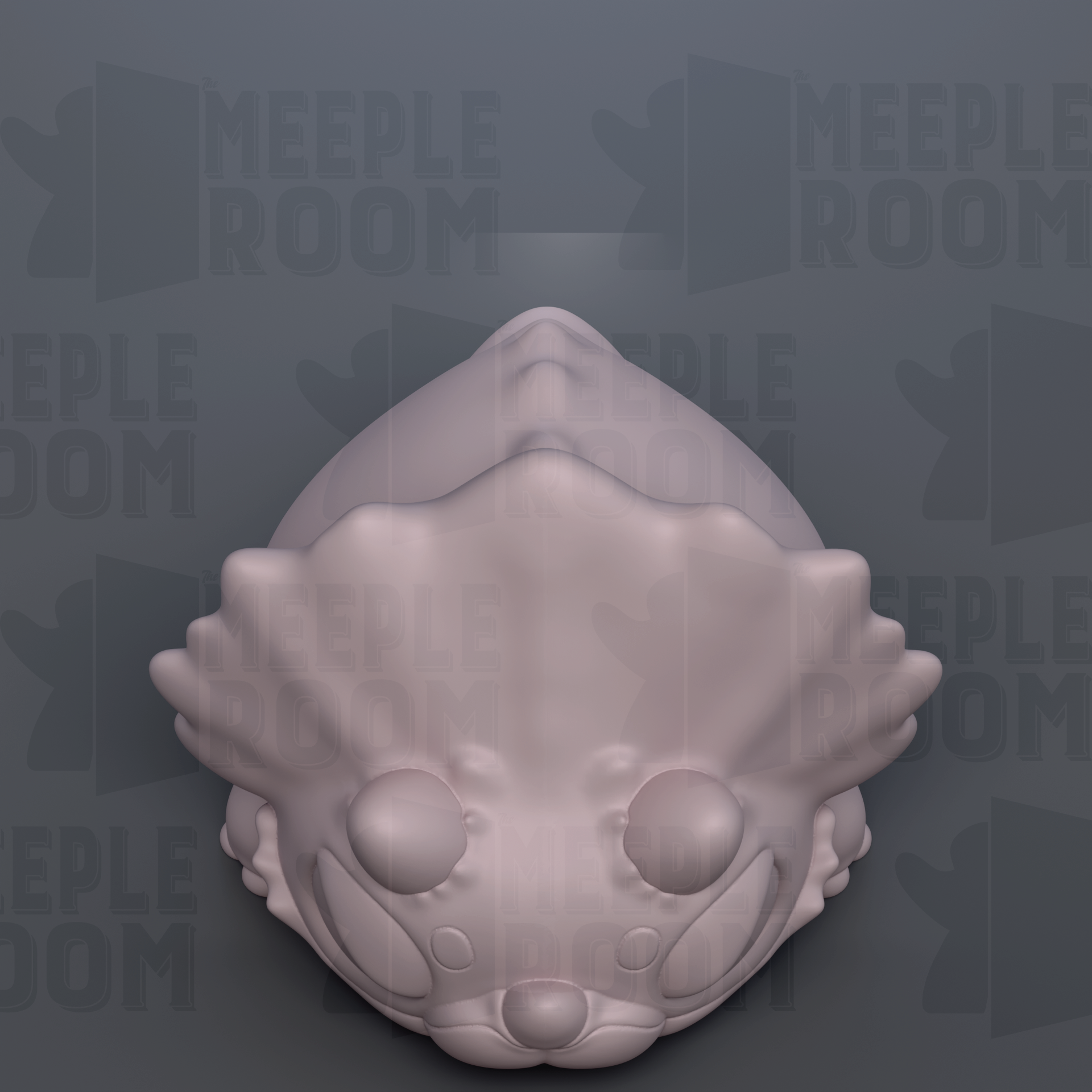 A 3D rendering of a stylized animal head, possibly a cat or a dog, against a dark background with repeated text.