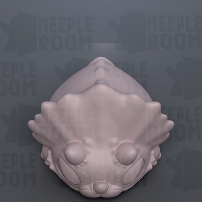 A 3D rendering of a stylized animal head, possibly a cat or a dog, against a dark background with repeated text.