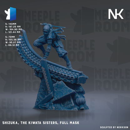 a figurine of Shizuka, the Kiwata Sisters, wearing a full mask, with the text "MEIPLE ROOM" and "SKULL" visible.