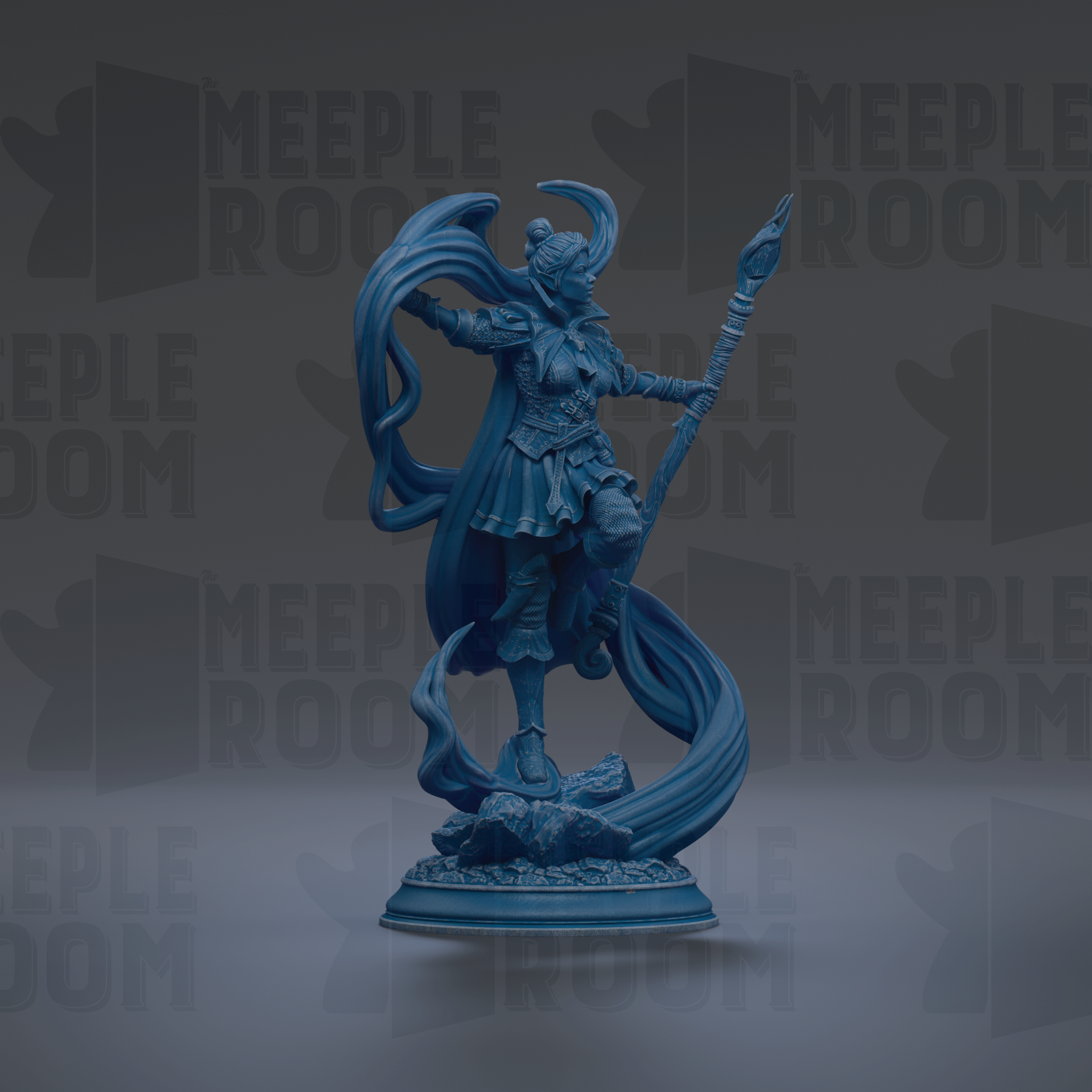 A blue figurine of a female character with flowing hair and a staff, standing on a rock and holding a staff in her right hand.