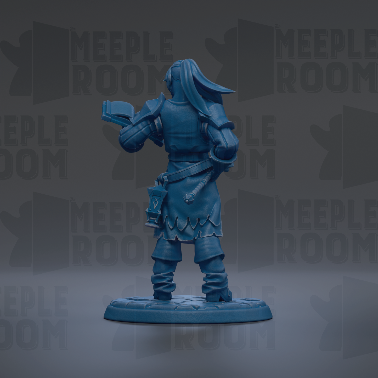 A blue figurine of a person standing in a fighting stance, holding a book in their hand.