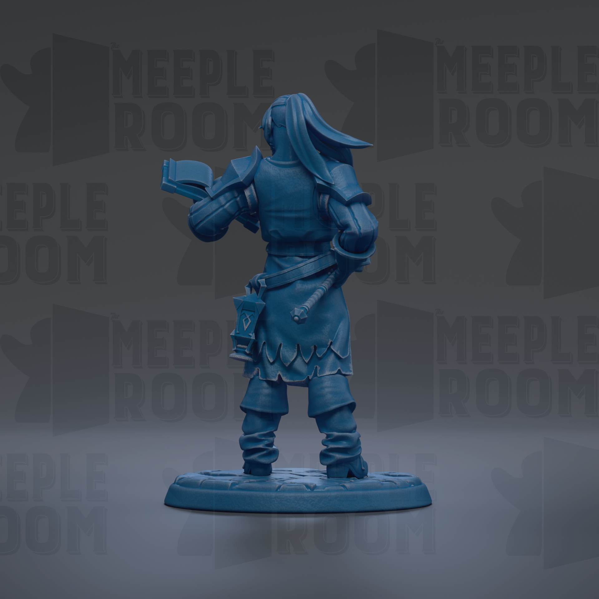 A blue figurine of a person standing in a fighting stance, holding a book in their hand.