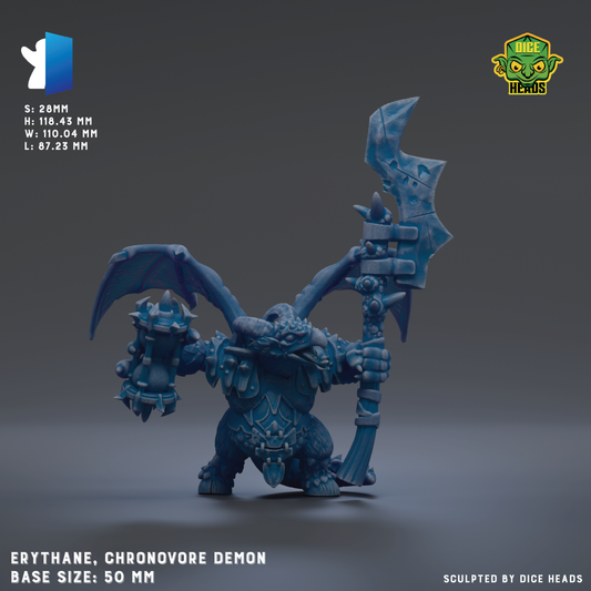 a blue, winged creature with a large sword, possibly a Chronovore Demon, as indicated by the text.